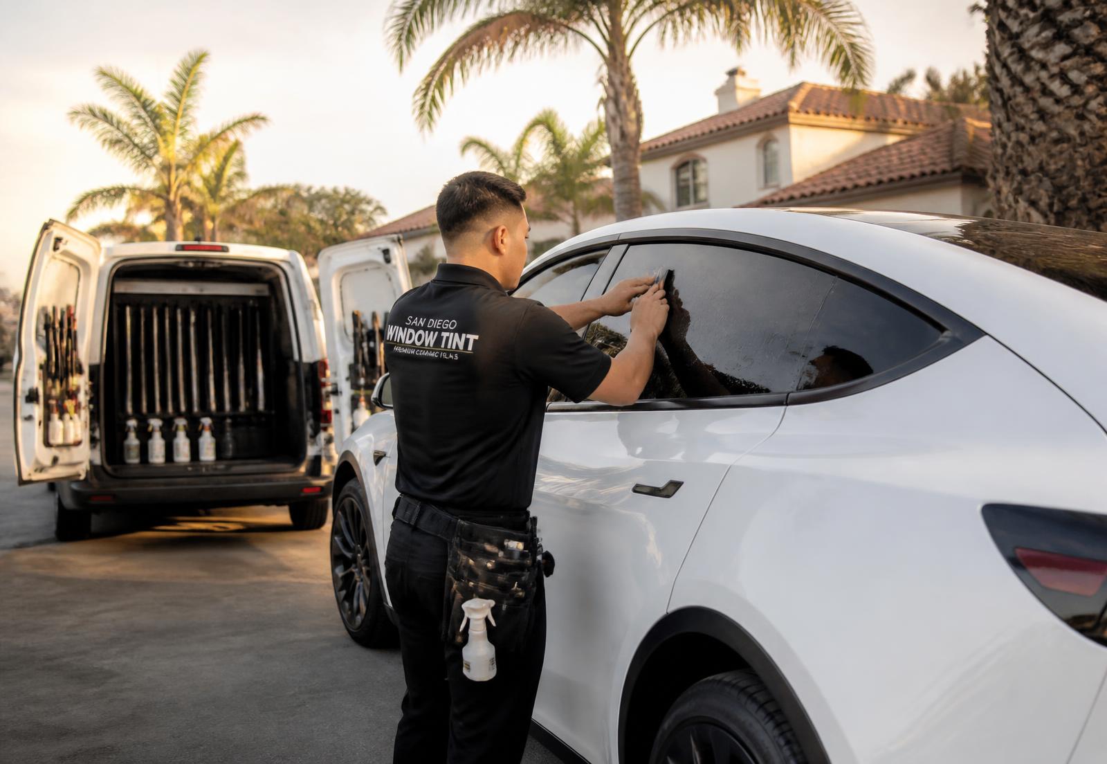 Mobile window tinting technician applying ceramic film to an SUV parked in a San Diego driveway